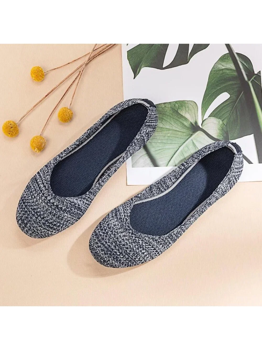 Women's Blue Print Round Toe Low Wedge Slip On Soft Ballerina Ballet Flat Shoes
